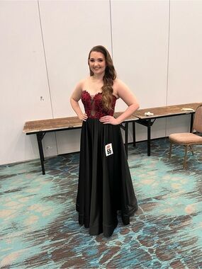 Strapless Black Evening Gown with Red Lace Bodice